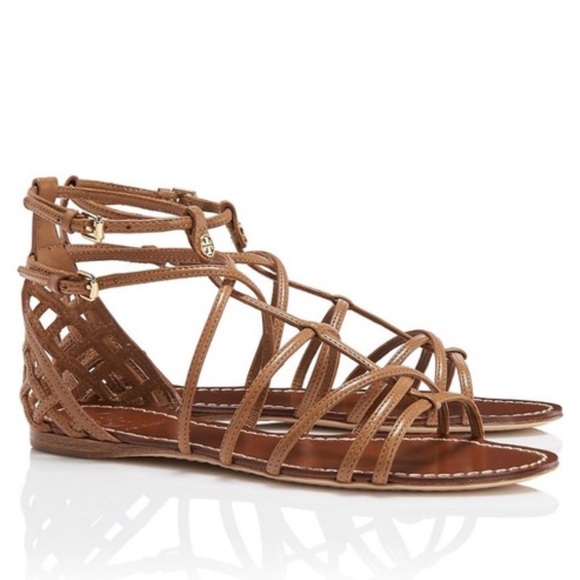 Tory Burch Brooke Brown Leather Flat Strappy Gladiator Sandal Gold Logo Sz 6.5 - Picture 1 of 14